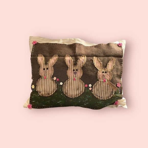 Handpainted and handmade.Green and Brown Rustic Holiday Pillow with Bunny Design - Picture 2 of 2